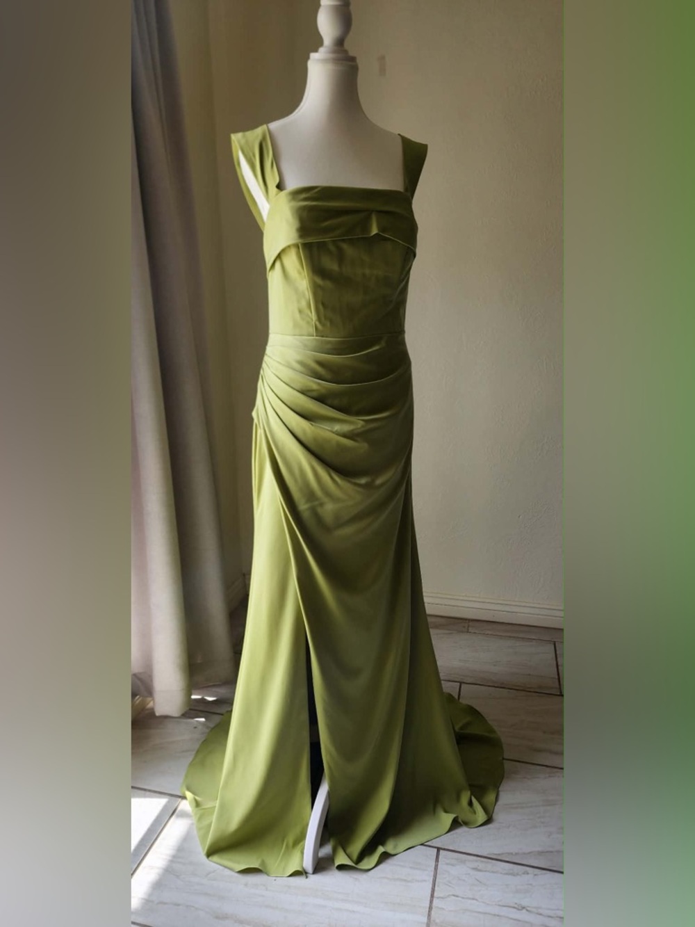 Olive Green Satin Draped Maxi Evening Gown